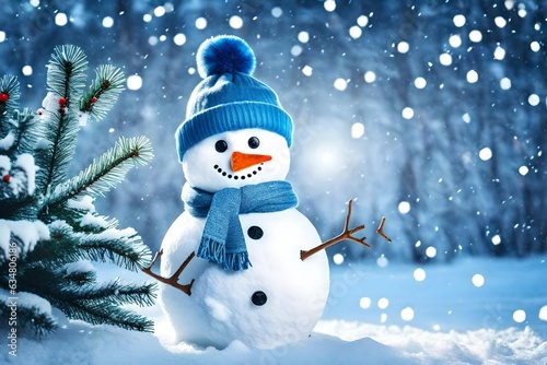 Cute Snowman with snow and tree in winter season on a isolated background © Arqumaulakh50