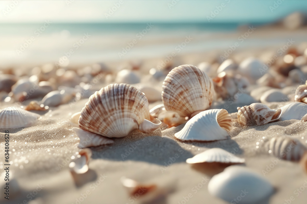 seashells on the beach - obrazy, fototapety, plakaty 