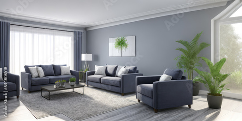 Photorealistic luxurious modern sitting room indoor interior with plants decor display © Supriyanto