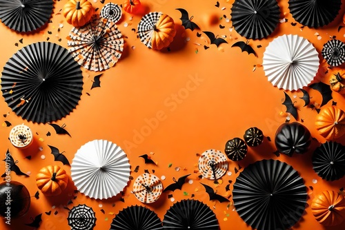 Halloween holiday decorations on orange background. Frame made of hanging paper fans and confetti. Top view. Halloween party invitation template  greeting card design
