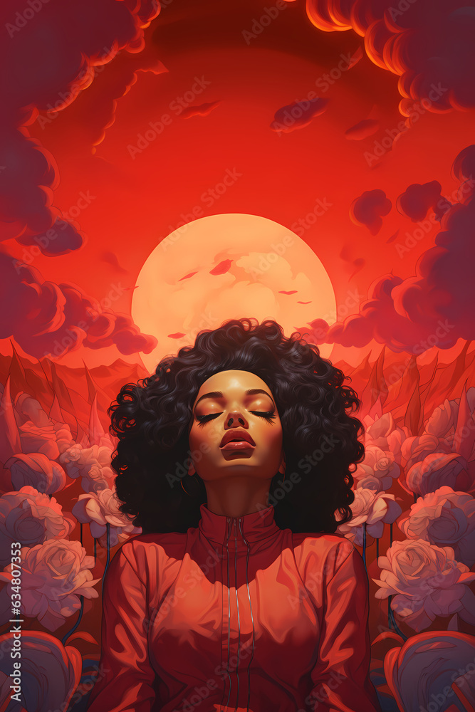 Young african american woman with eyes closed standing in front of red sun