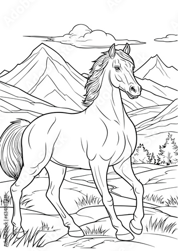 Horse in  mountain coloring page - Coloring book for kids	