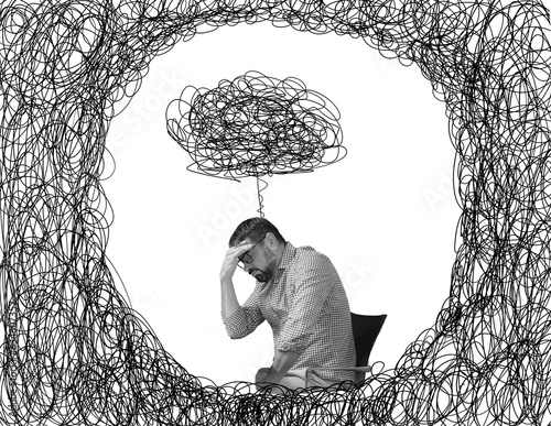 Fototapeta Naklejka Na Ścianę i Meble -  Pensive stressed man having negative thoughts while sitting in office chair. Crisis, depression concept. Art collage