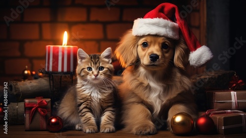 cat and dog wearing adorable Santa Claus outfits while sitting side by side next to a festively adorned fireplace © PinkiePie