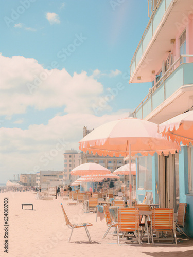Beach scene in the style of pastel-colored, street scenes with vibrant muted colors, tokina opera  photo
