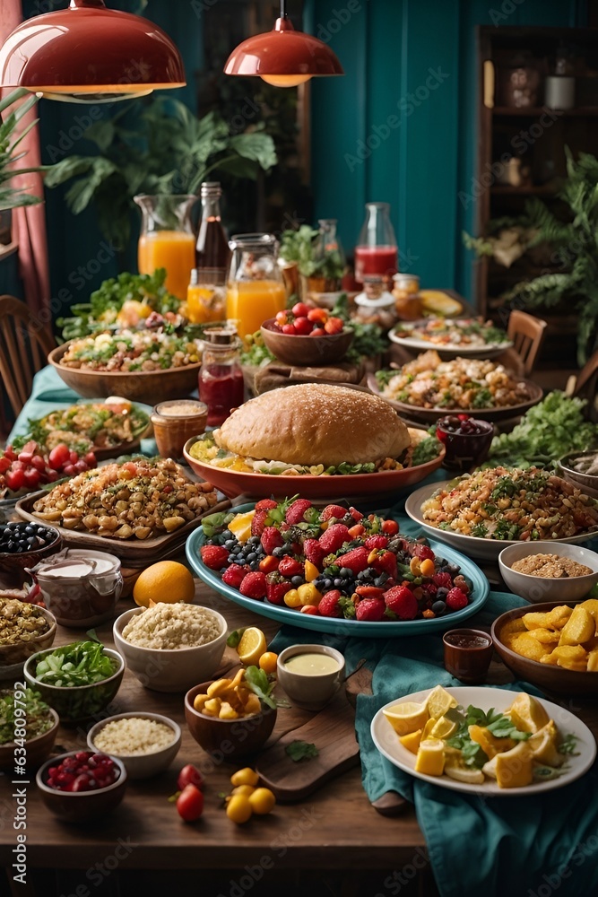 A bountiful feast laid out on a rustic wooden table