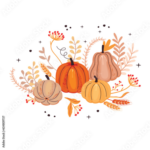 Autumn floral composition with pumpkins.Ripe fruits,twigs with red berries,ears and leaves.Colorful plants as a symbol of the harvest.Vector cartoon flat illustration isolated on white background.