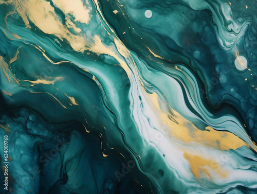 Abstract ocean background, swirls of marble, dark teal blue gold cream golden glitter