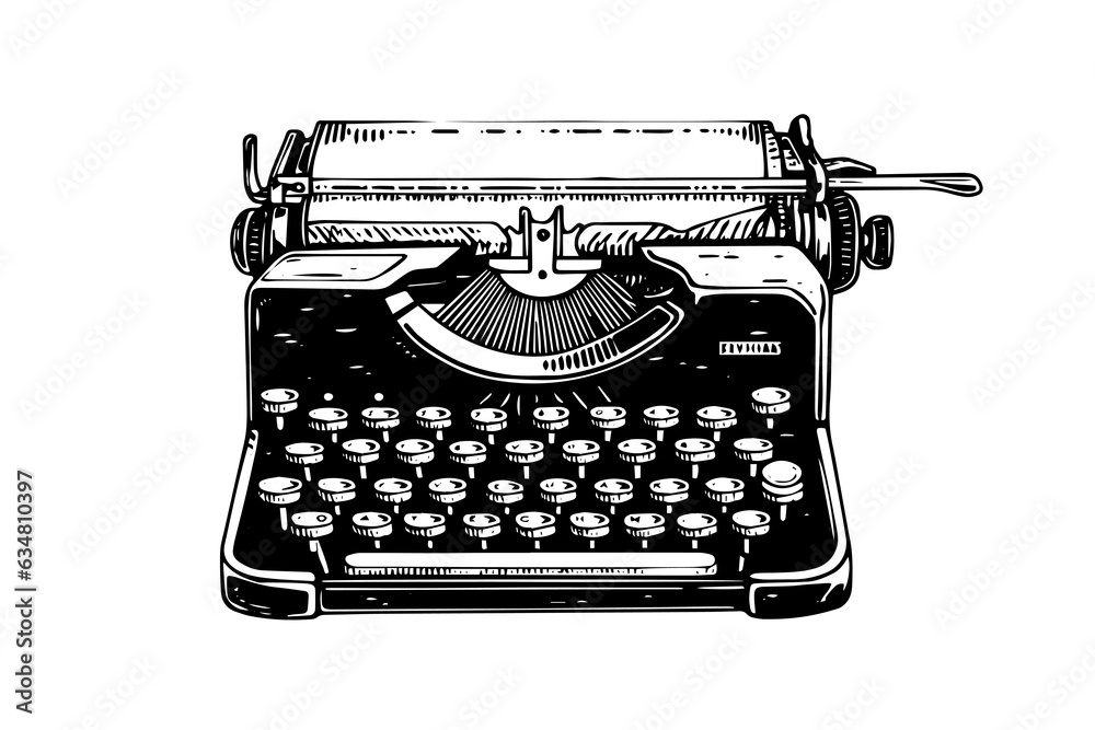 Vector hand drawn illustration of retro typewriter in vintage engraved style
