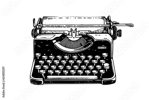 Vector hand drawn illustration of retro typewriter in vintage engraved style
