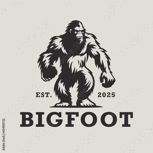 Bigfoot logo design. Sasquatch brand icon. Yeti symbol. Wood ape emblem. Mythical cryptid creature vector illustration.