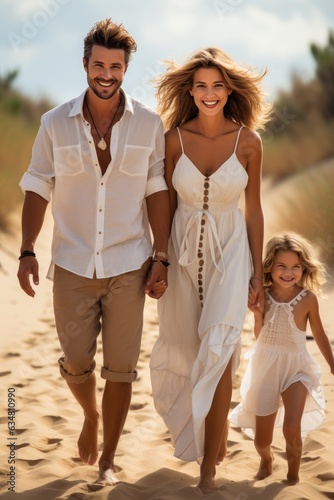 Smiling family walking on b...