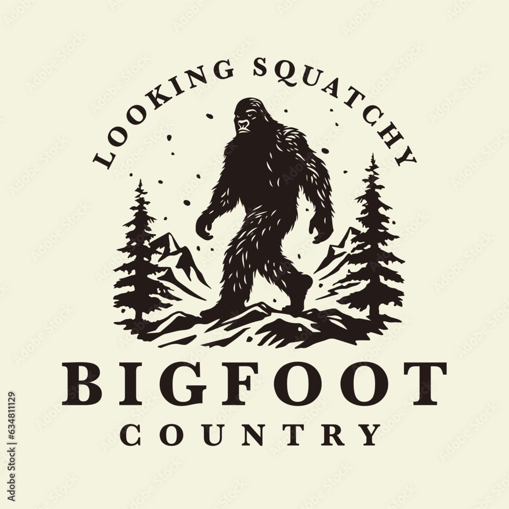 Fototapeta premium Bigfoot country logo design. Sasquatch brand icon. Yeti symbol. Looking squatchy emblem. Mythical cryptid creature vector illustration.