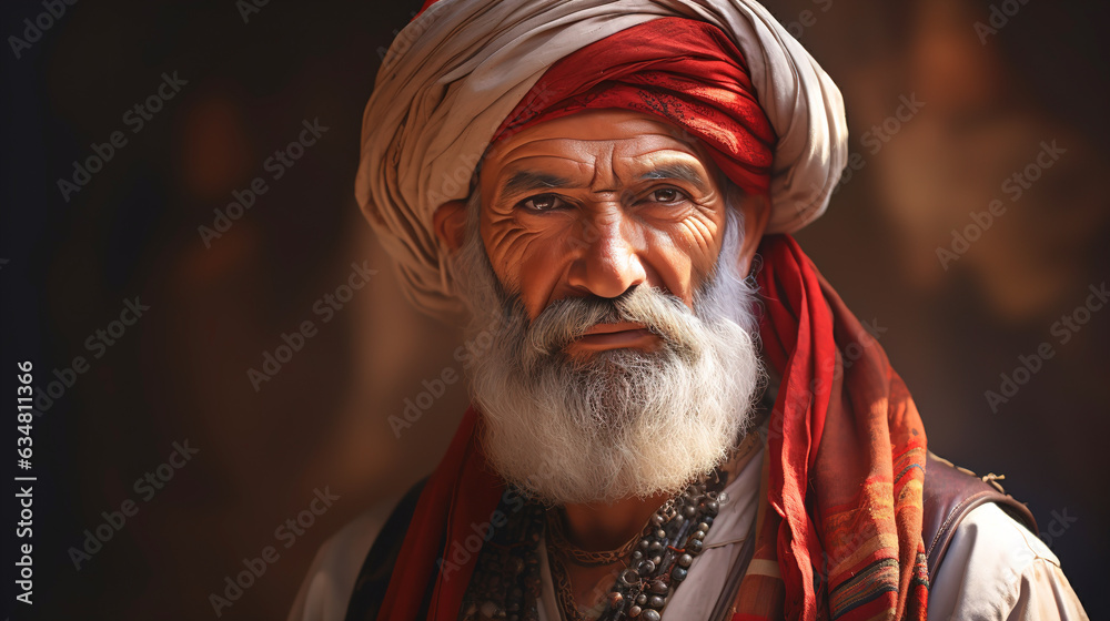 Elderly serious man in a turban close-up