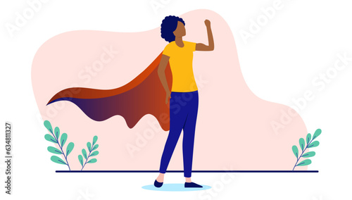 Strong black woman - Female person in superhero cape showing strength and muscle. Flat design vector illustration with white background