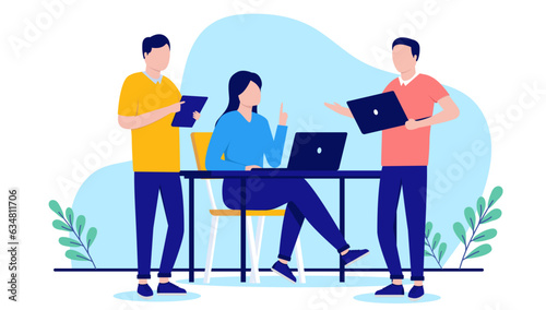 Office work vector - Illustration of team of three people at work with computers talking and having conversation about business and project. Flat design with white background