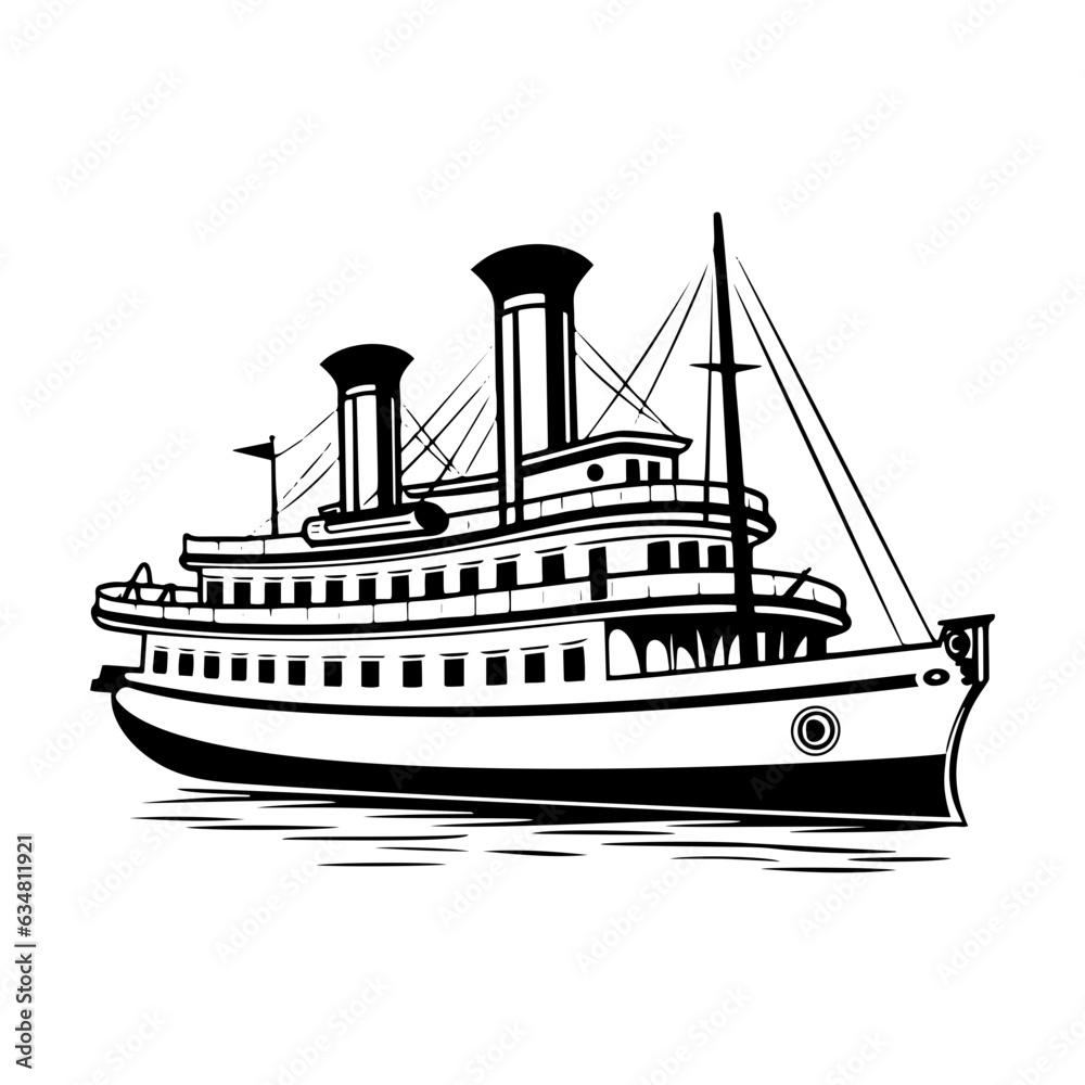 Vector Illustration of a steamboat with lines drawing for logo,icon, black and white
