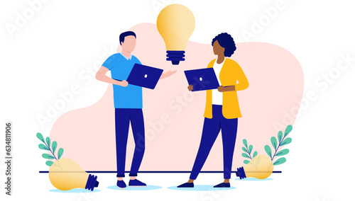 Idea people at work - Man and woman working in office coming up with ideas with laptop computers and light bulbs. Flat design vector illustration with white background