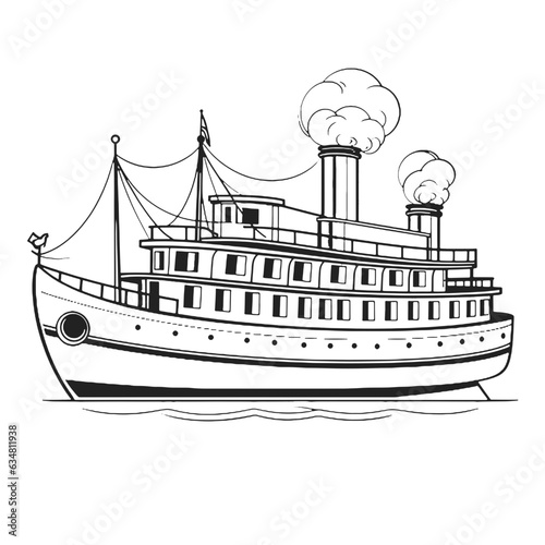 Vector Illustration of a steamboat with lines drawing for logo,icon, black and white