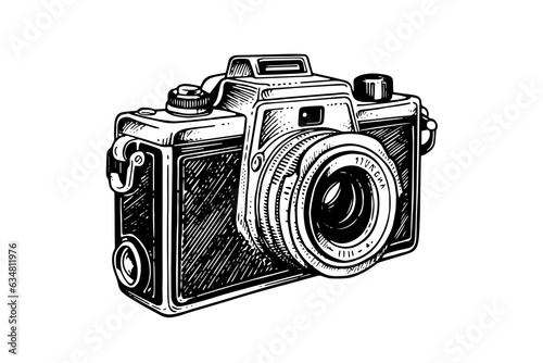 Modern photo camera in engraving style. Vector retro hand drawn illustration.