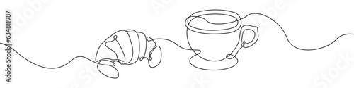 Breakfast icon line continuous drawing vector. One line Coffee with a croissant icon vector background. Milk, egg, croissant, apple, breakfast icon. Continuous outline of a Tea party icon.