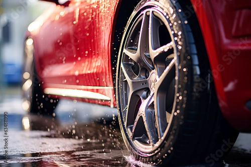 Professional Car Wash a Beautiful Red Sportscar with Shampoo close-up. © colnihko