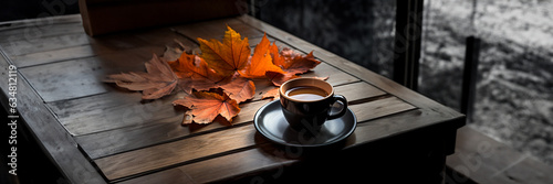Heisse Tasse Tee mit Herbstblätter dekoriert Querformat, ai generativ
