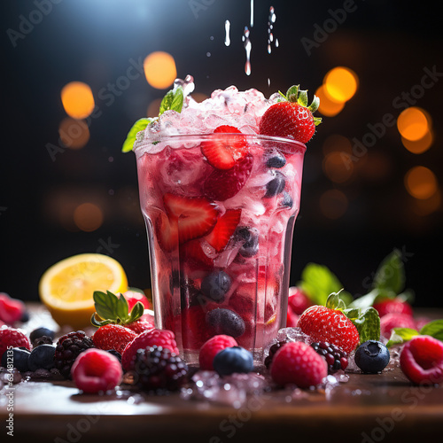 Smoothie shake in a clear cup, A frosty fruit smoothie shake in a sweaty clear plastic cup. Raspberry, strawberry, frosty, and snowy on the Table Top.