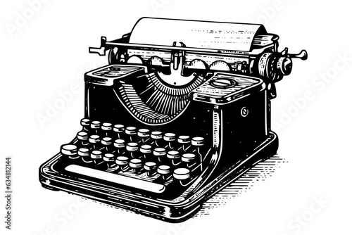 Vector hand drawn illustration of retro typewriter in vintage engraved style