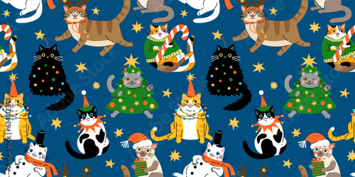 Seamless pattern with Cute cartoon fat cats wearing different Christmas outfits.  Hand drawn vector illustration. Funny xmas background.