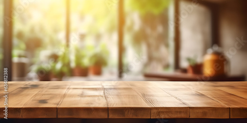  Wooden table with kitchen background  unfocused