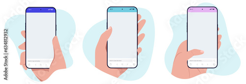 Phone in hand vector templates - Collection of illustrations with smartphones being held by hands in abstract soft shape. Flat design with white background