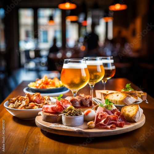 Fotobehang AI generated: Aperitif with beer and tapas at a bar table