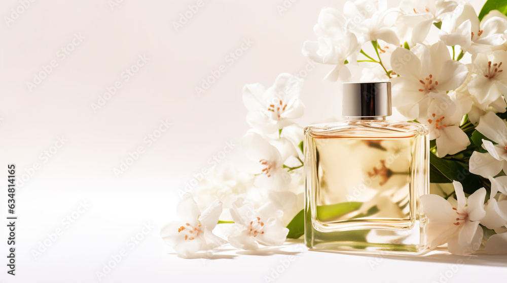 Perfume bottle on a beige background with jasmine flowers with copy space Perfume bottle on a beige background with jasmine flowers with copy space