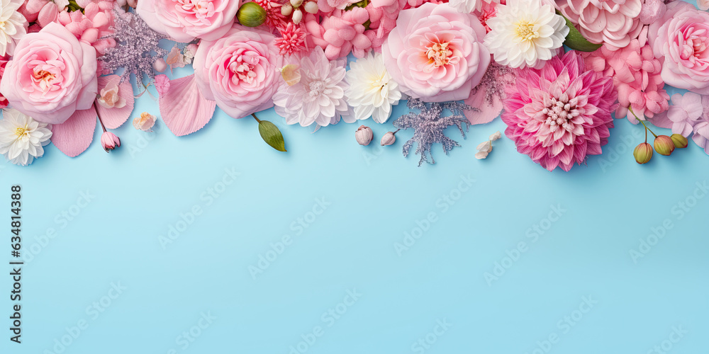 Pink and white rose on a blue background