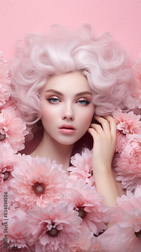 beautiful young female with flowers in hair on pink background, beauty concept, generative, ai