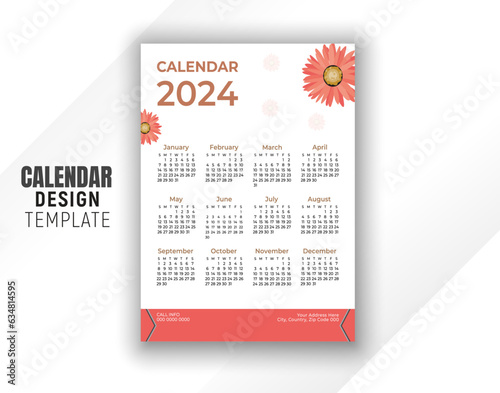 Vector colorful organic shape flower monthly planner 2024 wall calendar design template
