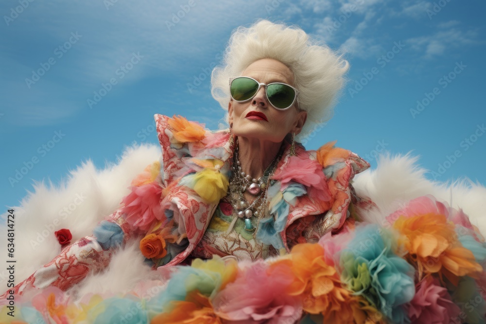 A vibrant and funky woman wearing sunglasses and a kitschy outfit stands confidently against a backdrop of clear skies and fluffy clouds, exuding an air of retro fashion