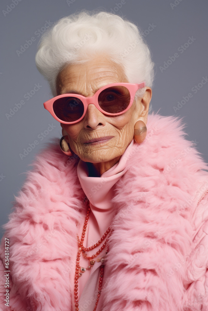 An eccentric elderly couple steps out for a day of fashion-forward fun in their vibrant, kitschy pink fur outfits and sunglasses An eccentric elderly couple steps out for a day of fashion-forward fun in their vibrant, kitschy pink fur outfits and sunglasses