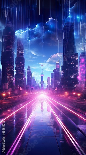 futuristic glowing neon city  cyberpunk purple and blue colours  future speedway or highway concept  tech design  generative ai