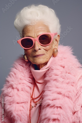 An eccentric elderly couple steps out for a day of fashion-forward fun in their vibrant, kitschy pink fur outfits and sunglasses