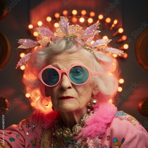 An elderly woman embraces her funky and retro fashion sense with a kitsch outfit perfect for any festival or carnival, the woman adorned in a pink crown and sunglasses to complete the look photo