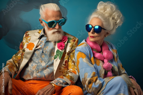 An elderly funky couple with kitschy retro clothing, wearing sunglasses and goggles, sit together inside, creating a fashionably artistic scene photo