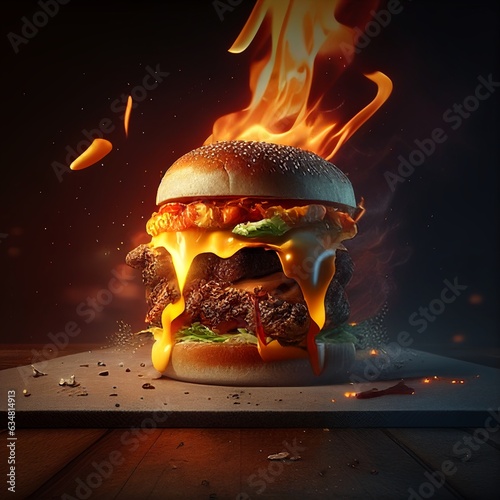 Burger restaurant hot testy delicious hamburger chees beef bread meat bun tomato fast-food salad food with smoke fire fast delivery chilly naga cinematic food photography HD