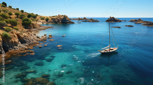 Top down aerial shot of beautiful blue lagoon at hot summer day with sailing boat. Generative AI © piai