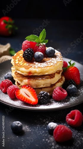 fresh pancakes with berries, closeup, generative ai