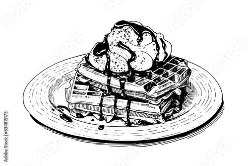 Waffles with ice cream hand drawn ink sketch. Engraving style vector illustration.