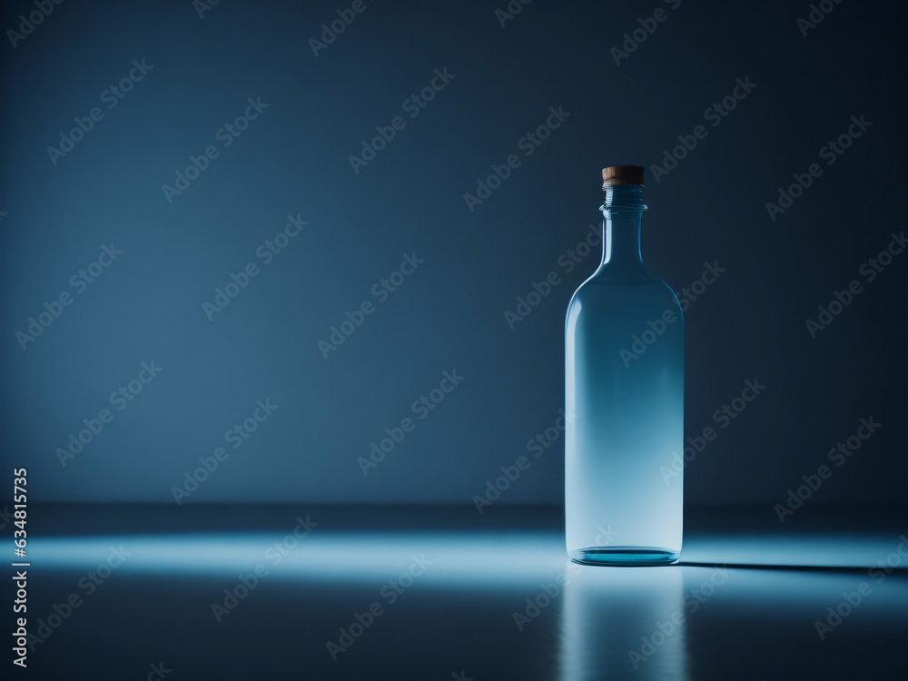 AI Generative illustration bottle with blue vibes, minimalist empty blue room, clear bottle with caps AI Generative illustration bottle with blue vibes, minimalist empty blue room, clear bottle with caps