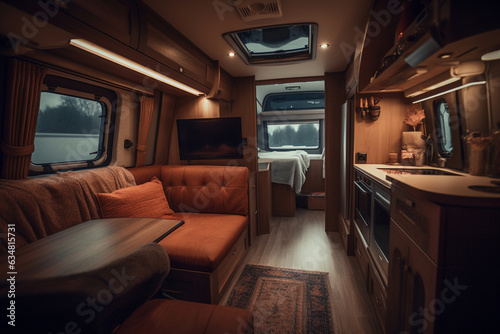 Furnishing decor of salon area, comfortable modern caravan house design, cosy Interior of motor home camping car. Relaxation areas for road travel. Travelling and entertainment concept. Generative AI