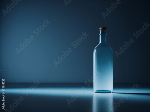 AI Generative illustration bottle with blue vibes, minimalist empty blue room, clear bottle with caps